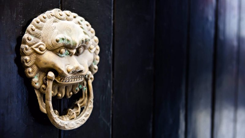 Brass lion-head door knocker on a dark wooden door